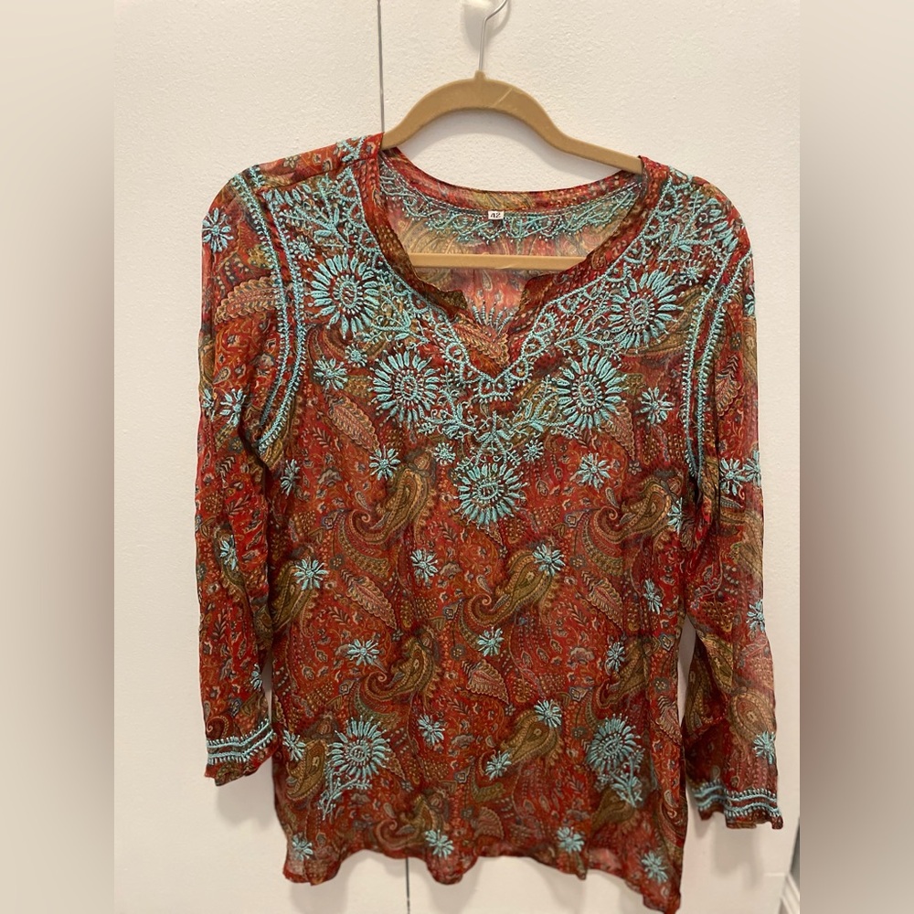 Women's Paisley Embroidered Top - Red and  Aqua Blue